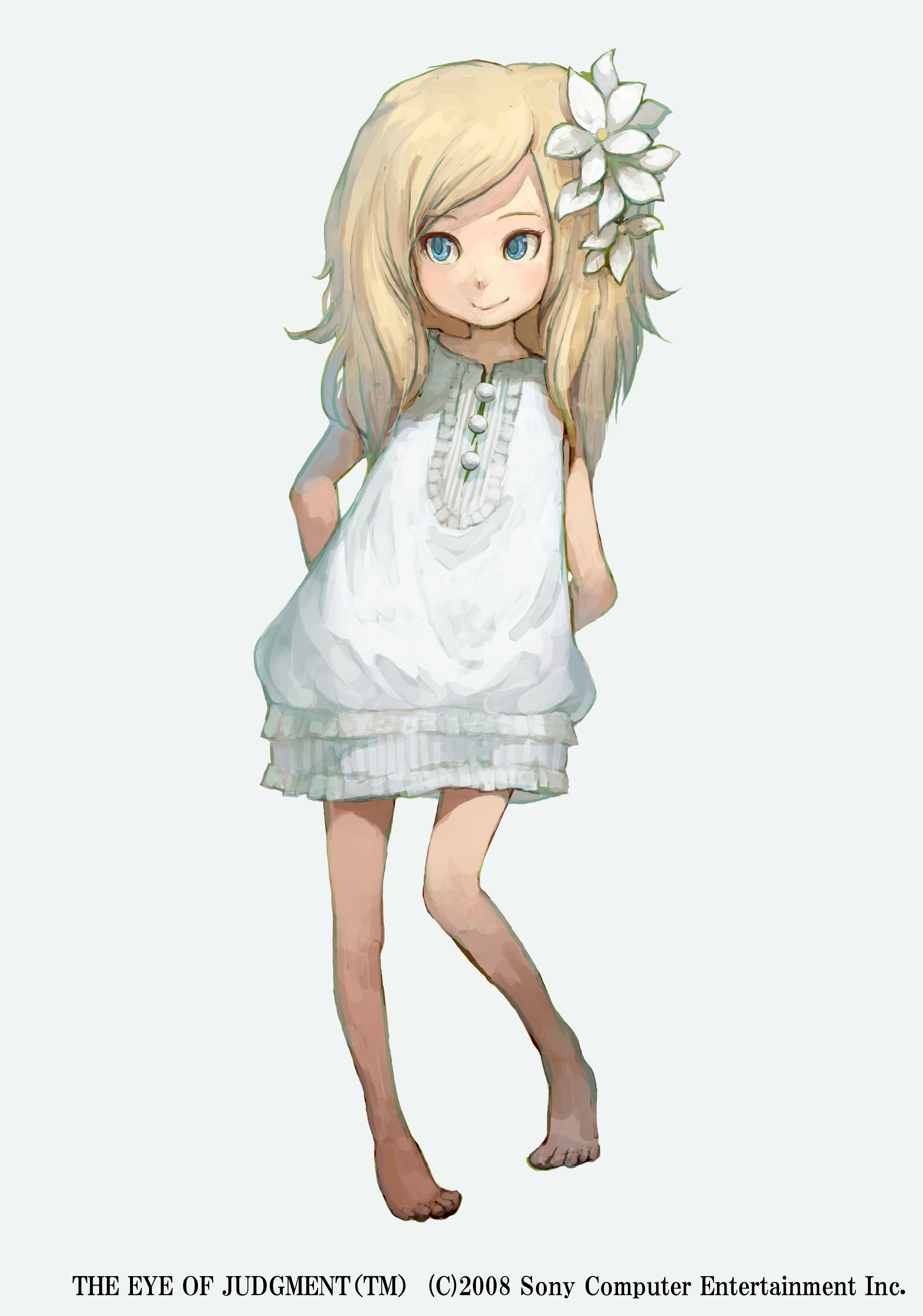 saitou shunsuke, shun, the eye of judgement, absurdres, highres, 1girl, barefoot, blonde hair, blue eyes, child, female focus, flower, full body, hair flower, hair ornament, long hair, simple background, smile, solo, standing, white background