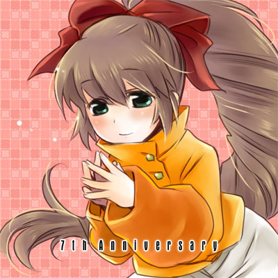 yuuta kanami, scryed, lowres, 00s, 1girl, blush, bow, brown hair, buttons, coat, female focus, green eyes, grey skirt, hair bow, long hair, long sleeves, looking at viewer, orange shirt, ponytail, red bow, shirt, skirt, solo, upper body, very long hair