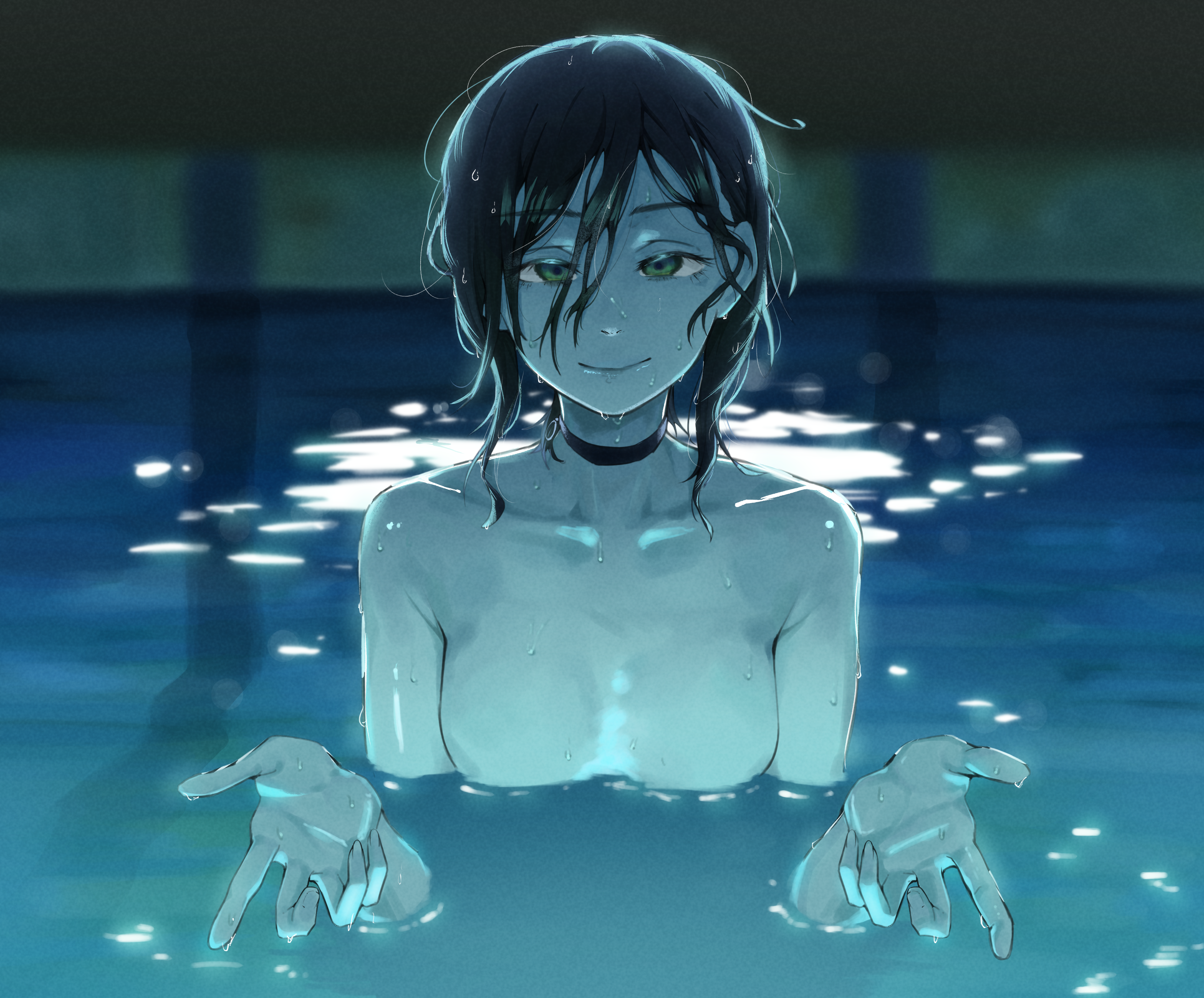kakya7574, reze (chainsaw man), chainsaw man, absurdres, commentary request, highres, korean commentary, 1girl, armpit crease, backlighting, black choker, black hair, blurry, blurry background, breasts, choker, closed mouth, collarbone, green eyes, hair between eyes, hands up, long bangs, looking at viewer, medium breasts, medium hair, night, nude, partially submerged, pool, refraction, smile, solo, upper body, water, wet, wet hair
