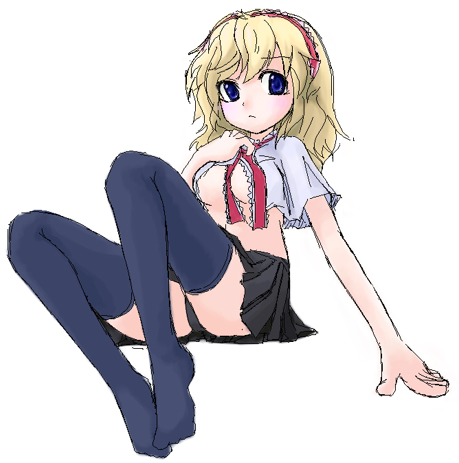 tamute (2580rs), alice margatroid, touhou, 1girl, blonde hair, blue eyes, breasts, clothes lift, feet, female focus, flapper shirt, hairband, oekaki, panties, shirt, shirt lift, solo, thighhighs, underboob, underwear