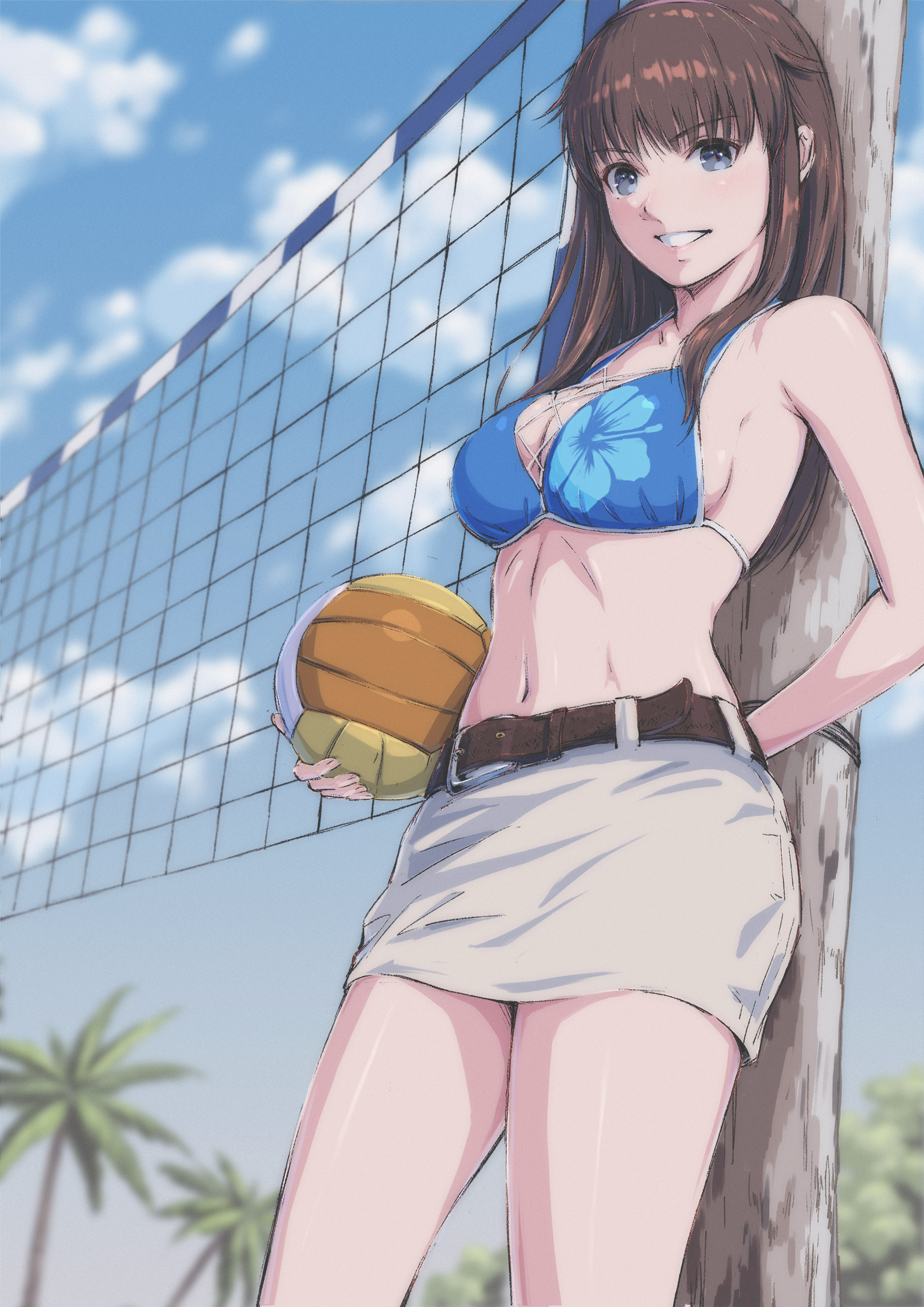 tyanoki, hitomi (doa), dead or alive, dead or alive xtreme, absurdres, highres, arm behind back, ball, belt, bikini, blue bikini, blue eyes, brown belt, brown hair, cross-laced bikini, cross-laced clothes, grin, halterneck, holding, holding ball, long hair, looking at viewer, sidelocks, skirt, smile, swimsuit, volleyball, volleyball net, white skirt
