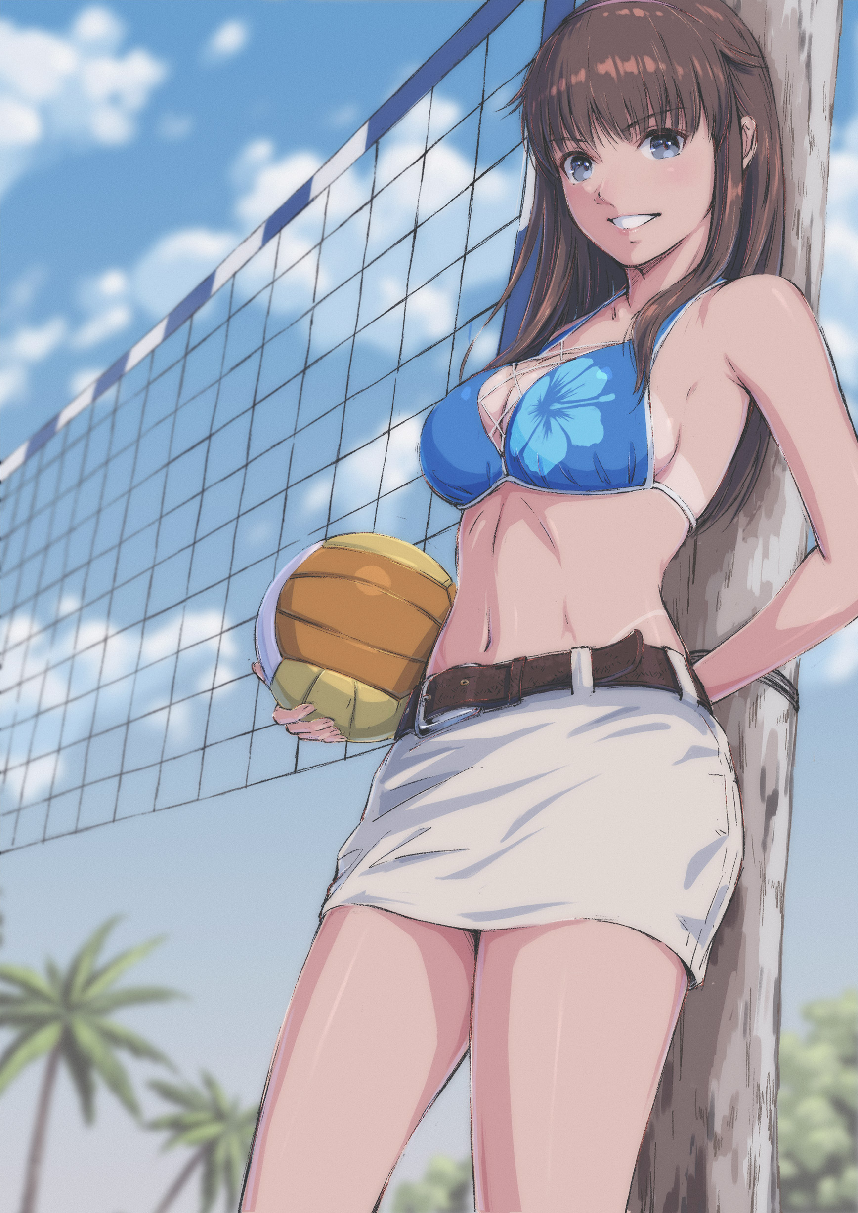 tyanoki, hitomi (doa), dead or alive, dead or alive xtreme, absurdres, highres, arm behind back, ball, belt, bikini, blue bikini, blue eyes, brown belt, brown hair, cross-laced bikini, cross-laced clothes, grin, halterneck, holding, holding ball, long hair, looking at viewer, sidelocks, skirt, smile, swimsuit, tan, tanline, volleyball, volleyball net, white skirt