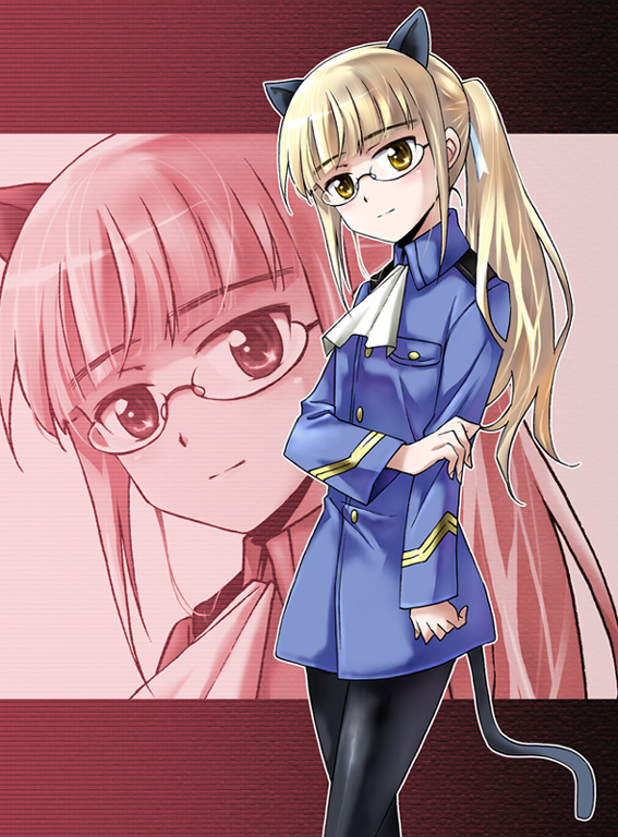 agahari, perrine h. clostermann, strike witches, world witches series, bad id, bad pixiv id, 00s, 1girl, alternate hairstyle, animal ears, black pantyhose, blonde hair, blush, cat ears, cat tail, female focus, glasses, holding own arm, light smile, long hair, military, military uniform, pantyhose, ponytail, solo, tail, yellow eyes, zoom layer