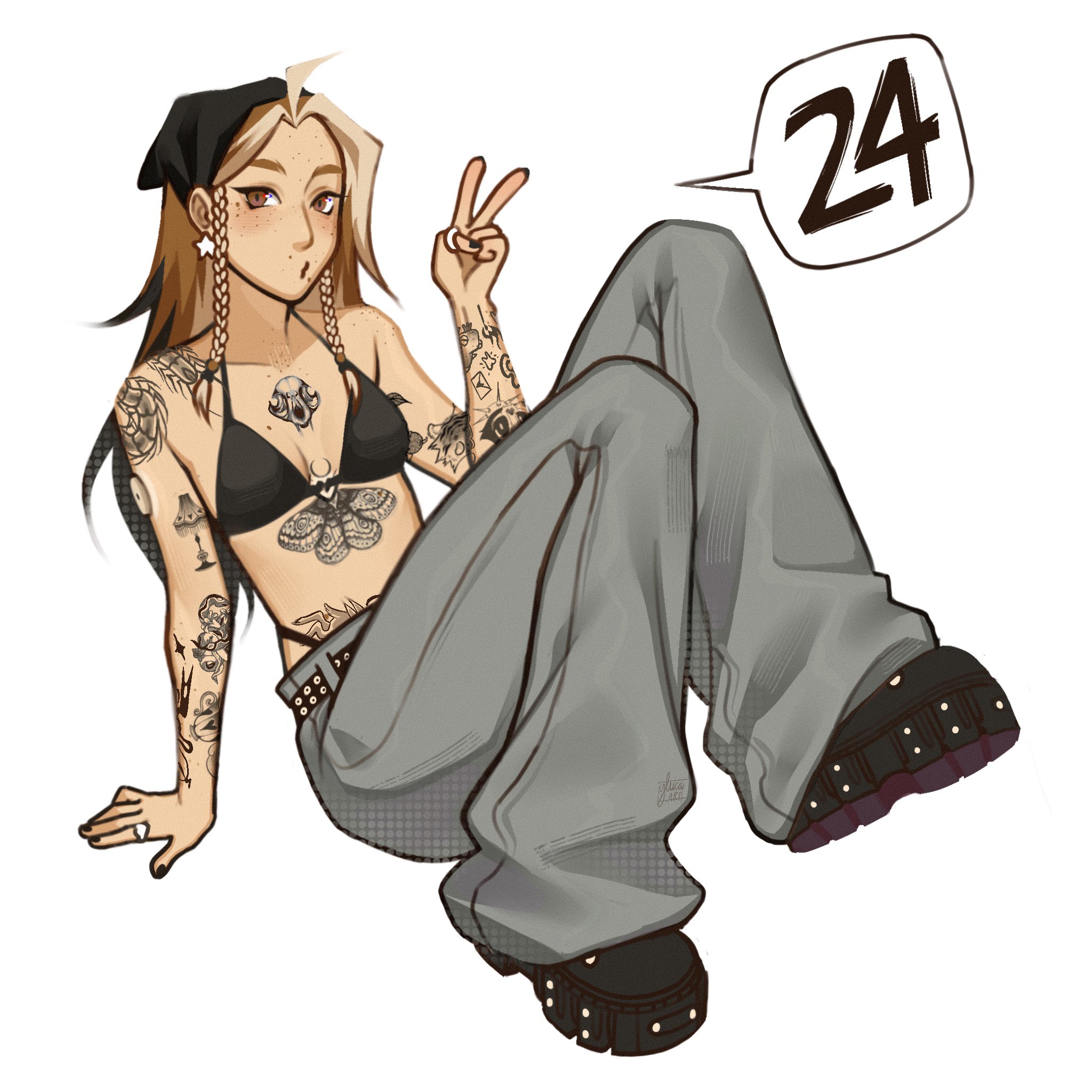 real life, commentary, english commentary, highres, 1girl, arm tattoo, bikini, black bikini, black hair, black nails, black shoes, blonde hair, braid, braided sidelocks, breasts, brown eyes, chest tattoo, earrings, freckles, full body, gluca, grey pants, headscarf, highleg, highleg bikini, infusion set, jewelry, multicolored hair, multiple tattoos, o3o, pants, self-portrait, shoes, shoulder tattoo, signature, small breasts, solo, spoken number, star (symbol), star earrings, stomach tattoo, swimsuit, tattoo, two-tone hair, v