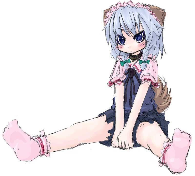 tamute (2580rs), inu sakuya (nejikirio), izayoi sakuya, touhou, silver hair, 1girl, animal ears, blue eyes, braid, dog ears, dog tail, feet, female focus, kemonomimi mode, maid, oekaki, sketch, socks, solo, tail