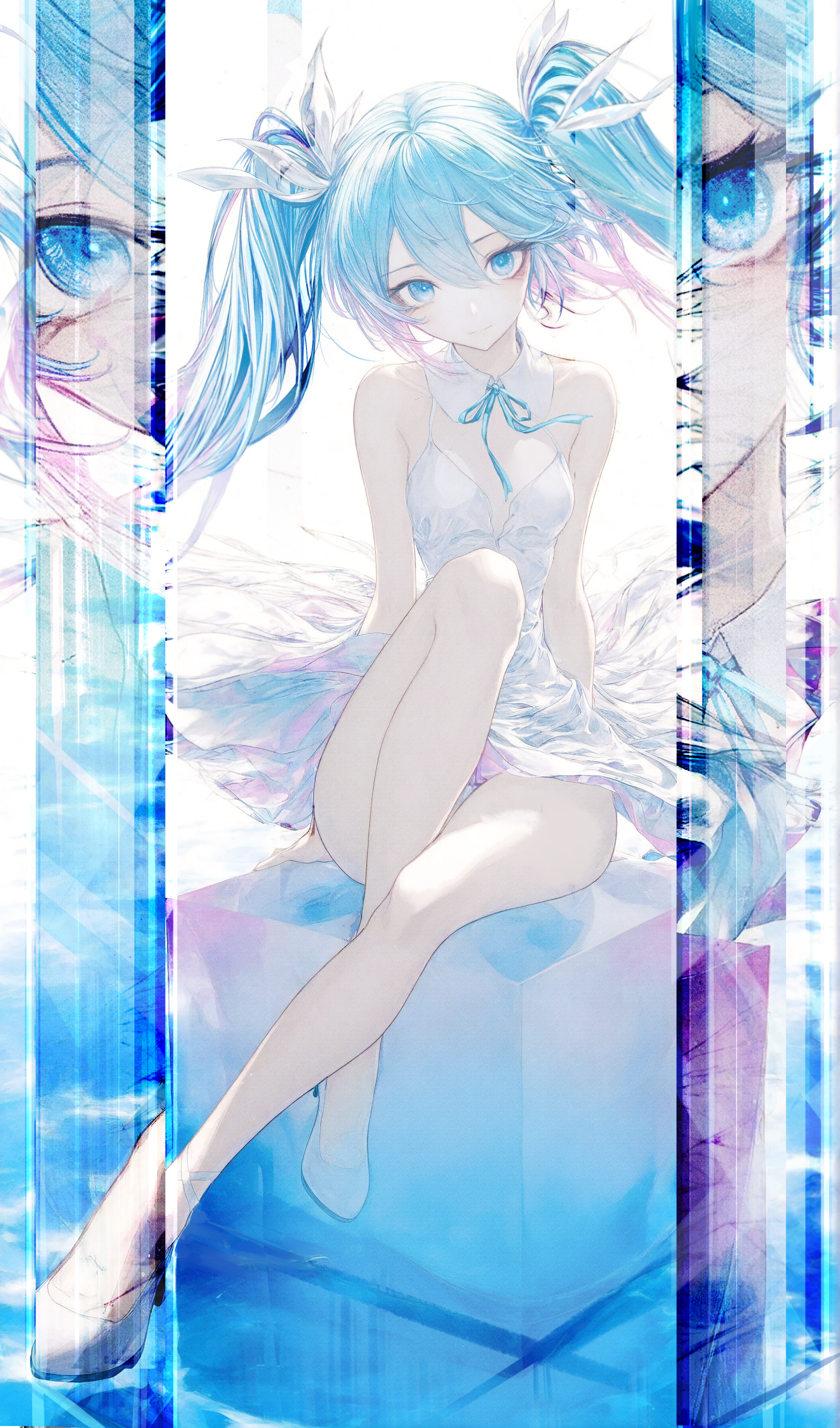 renoahh, hatsune miku, vocaloid, absurdres, commentary, highres, 1girl, aqua eyes, aqua hair, aqua ribbon, arm support, bare arms, bare legs, breasts, detached collar, double-parted bangs, dress, hair between eyes, knee up, long hair, looking at viewer, neck ribbon, ribbon, shoes, sitting, sleeveless, sleeveless dress, small breasts, twintails, very long hair, white dress, white shoes