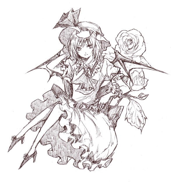shippori, shishou, remilia scarlet, touhou, 1girl, female focus, flower, footwear flower, greyscale, hat, high heels, monochrome, rose, shoes, sketch, solo, wings