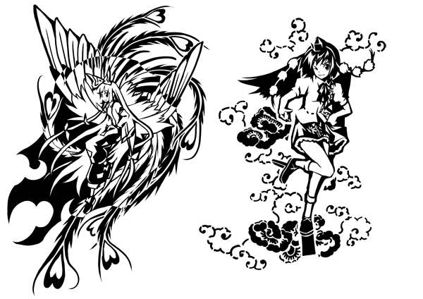 yuugo, yuugo (atmosphere), fujiwara no mokou, shameimaru aya, touhou, 2girls, female focus, geta, greyscale, monochrome, multiple girls, tengu-geta