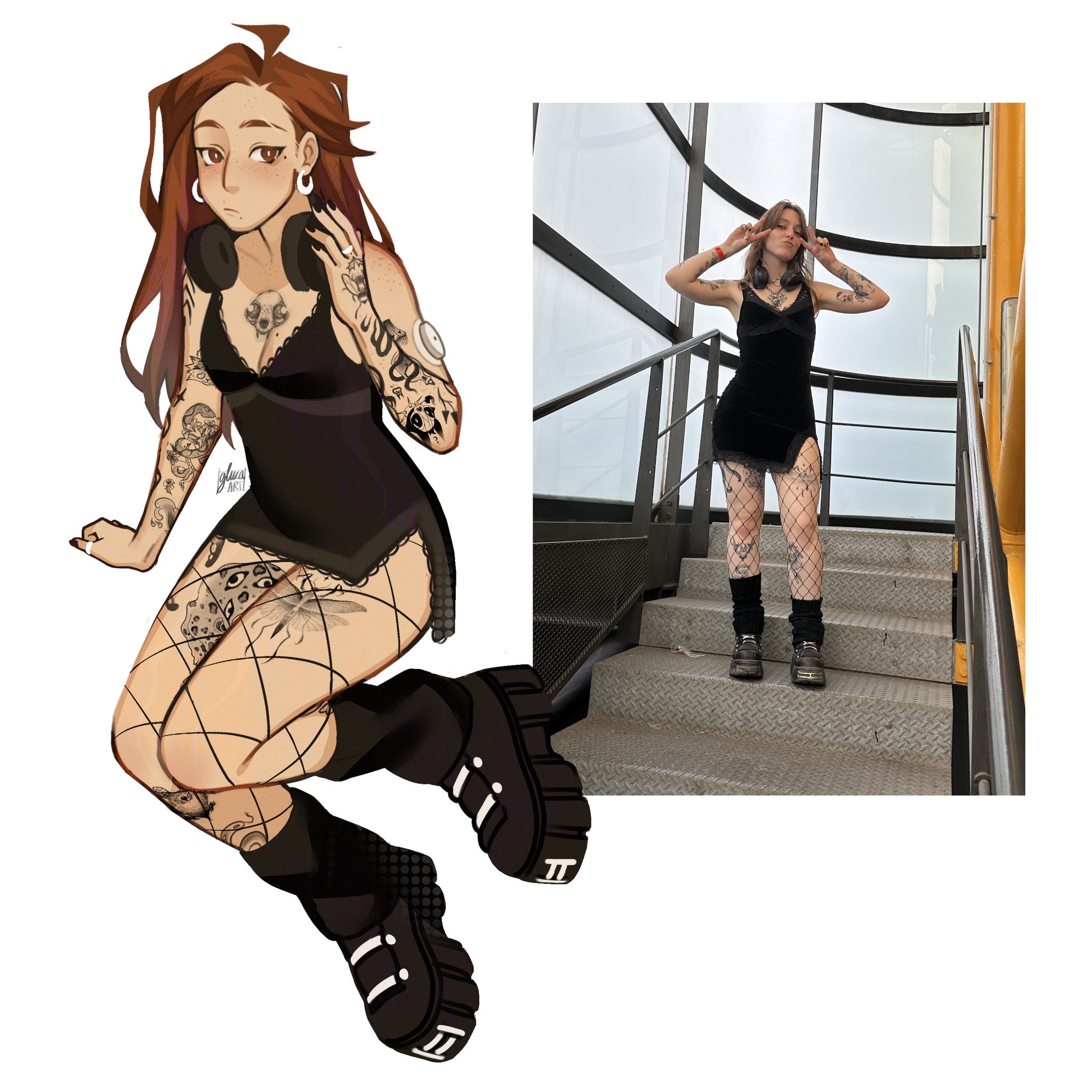 real life, commentary, highres, symbol-only commentary, 1girl, animal ears, arm tattoo, art vs artist, black nails, black shoes, black socks, body freckles, breasts, brown eyes, brown hair, chest tattoo, cleavage, eyebrow cut, fishnet pantyhose, fishnets, freckles, frown, full body, gluca, headphones, headphones around neck, infusion set, jewelry, leg tattoo, loose socks, mole, mole on breast, mole under eye, mole under mouth, multiple moles, pantyhose, photo inset, ring, self-portrait, shoes, shoulder tattoo, sitting, small breasts, socks, solo, tattoo, yokozuwari