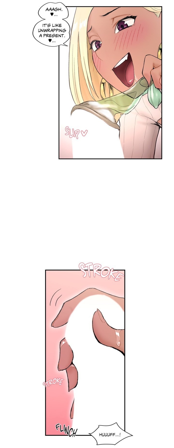pornhwa, webtoon, artist request, character request, colorized, cropped, highres, long image, official art, translated, 1boy, 1girl, blonde hair, blush, censored, condom, condom on penis, dark-skinned female, dark skin, english text, medium hair, open mouth, penis, penis grab, purple eyes, speech bubble, tan, teeth, upper teeth only