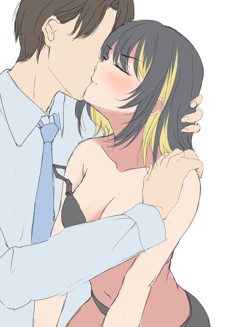 nakonako, ikaruga luca, producer (idolmaster), idolmaster, idolmaster shiny colors, 1boy, 1girl, black bra, black hair, black panties, blonde hair, blush, bra, closed eyes, embarrassed, faceless, faceless male, furrowed brow, hand on another's head, hand on another's shoulder, kiss, multicolored hair, panties, streaked hair, underwear, white background