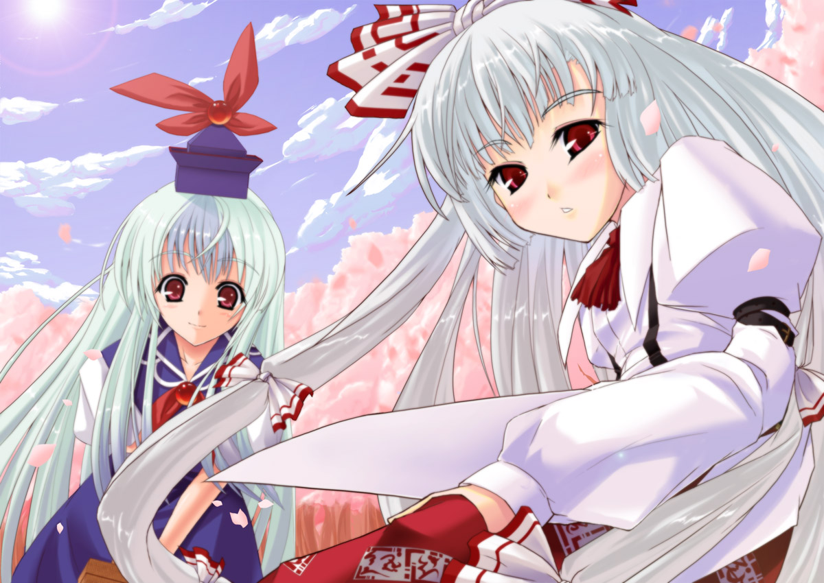 kanata daiki, fujiwara no mokou, kamishirasawa keine, touhou, silver hair, 2girls, blue dress, blunt bangs, blush, cherry blossoms, day, dress, female focus, hat, long hair, long sleeves, looking at viewer, multiple girls, outdoors, red eyes, spring (season), suspenders, tate eboshi, very long hair