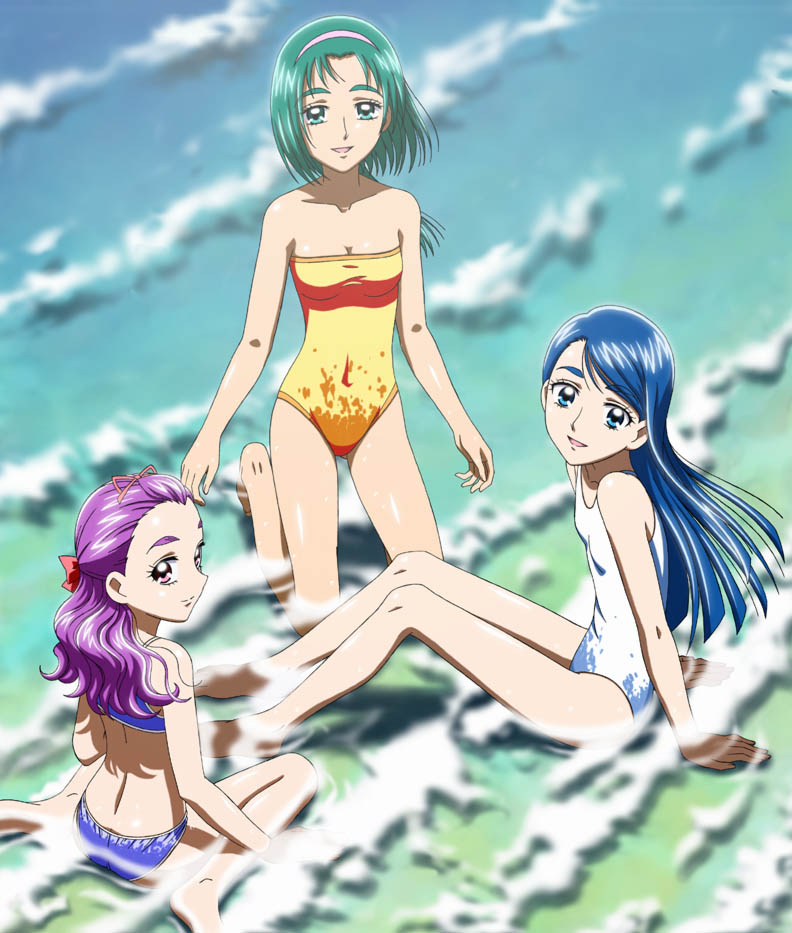 natsuhina, akimoto komachi, milk (yes! precure 5), mimino kurumi, yumehara nozomi, precure, yes! precure 5, yes! precure 5 gogo!, 00s, 3girls, aqua eyes, aqua hair, bare shoulders, barefoot, beach, bikini, blue eyes, blue hair, day, eyelashes, feet, hairband, long hair, multiple girls, ocean, one-piece swimsuit, pink eyes, purple hair, soles, swimsuit, water