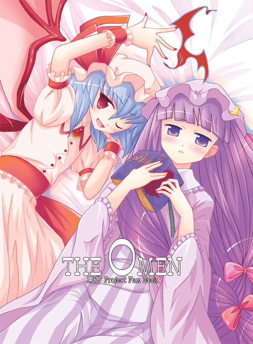 nanao yuki, patchouli knowledge, remilia scarlet, touhou, 2girls, blue hair, book, crescent hat ornament, dress, female focus, hat, hat ornament, long hair, multiple girls, purple eyes, purple hair, red eyes, wings