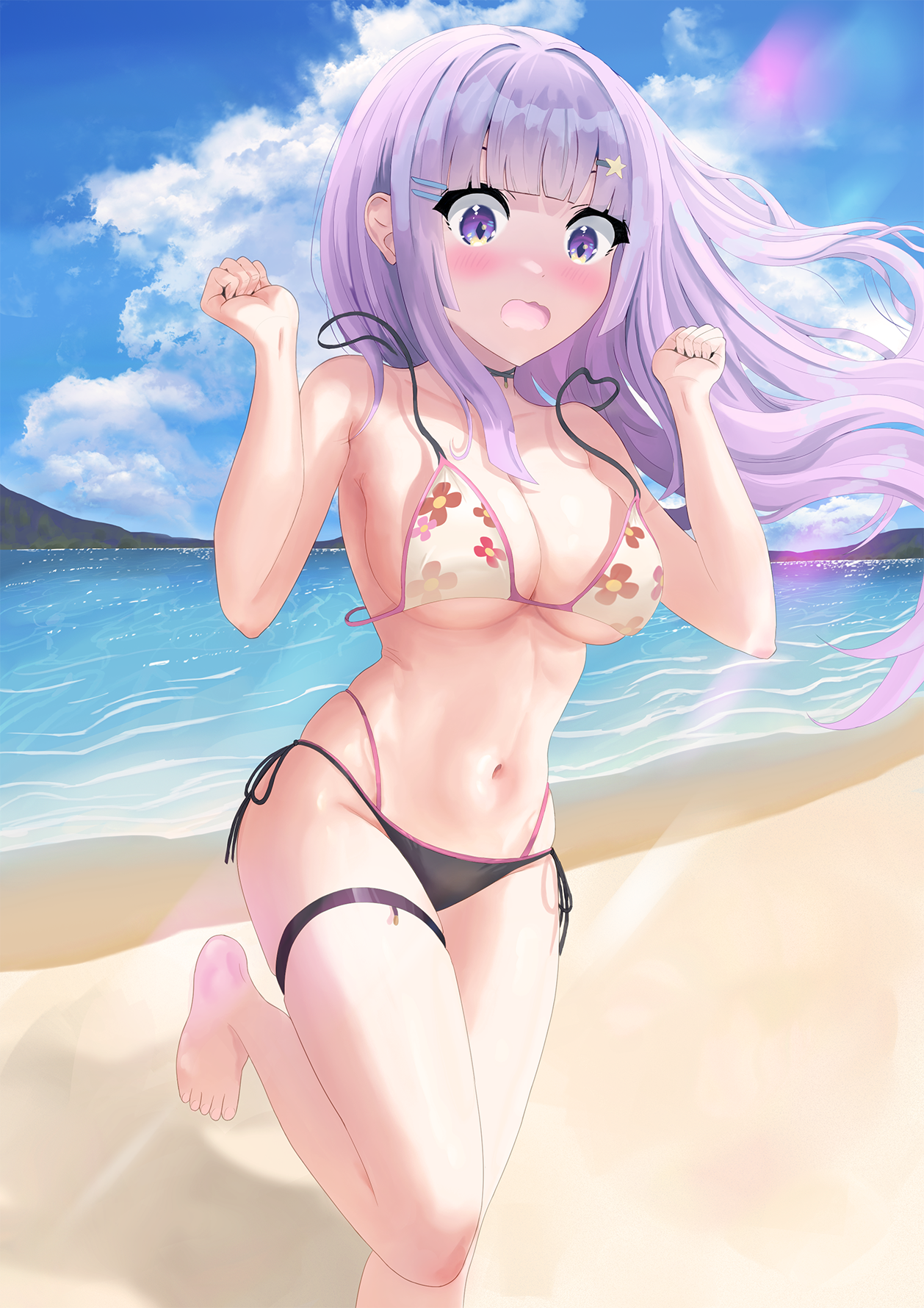 nasai ikumi, indie virtual youtuber, highres, 1girl, barefoot, beach, bikini, black bikini, blush, breasts, cleavage, cloud, coconut illust, diamond-shaped pupils, diamond (shape), hair ornament, hairpin, long hair, mismatched bikini, navel, ocean, open mouth, purple eyes, purple hair, side-tie bikini bottom, sky, solo, star (symbol), star hair ornament, stomach, swimsuit, symbol-shaped pupils, thigh strap, undone bikini, virtual youtuber, white bikini