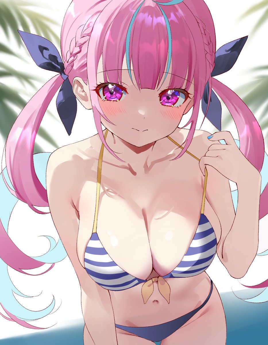 nta (n tan2), minato aqua, hololive, commission, highres, skeb commission, 1girl, aqua hair, bare shoulders, bikini, blue bikini, blue ribbon, blush, braid, breasts, cleavage, closed mouth, collarbone, curly hair, front-tie bikini top, front-tie top, groin, hair ribbon, halterneck, large breasts, long hair, looking at viewer, multicolored bikini, multicolored hair, navel, palm tree, pink eyes, pink hair, ribbon, smile, solo, stomach, strap pull, streaked hair, string bikini, striped bikini, striped clothes, swimsuit, thighs, tree, twintails, two-tone bikini, virtual youtuber, white bikini