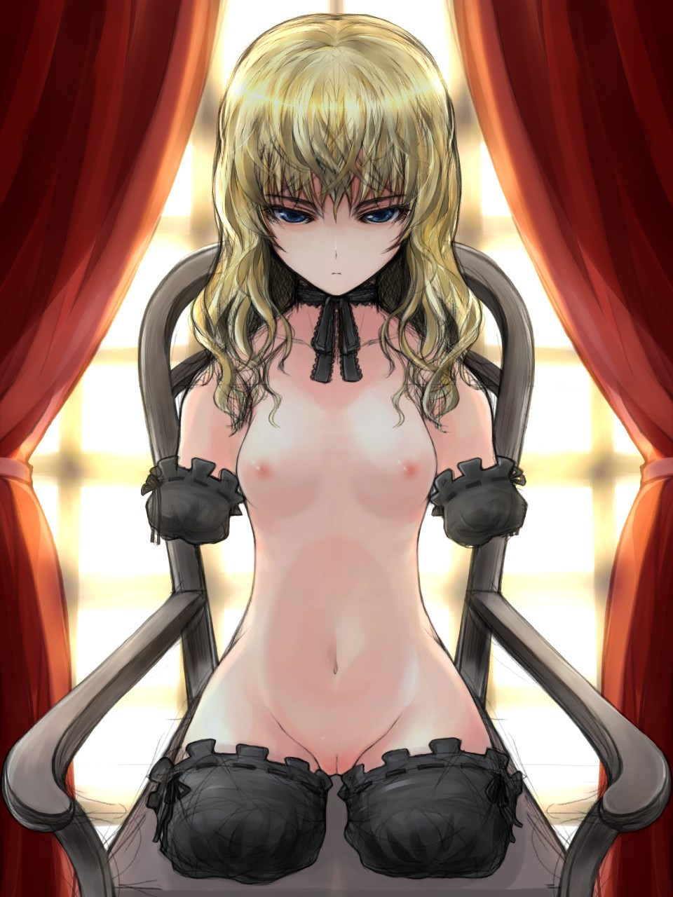 hara takehito, original, highres, 1girl, amputee, blonde hair, blue eyes, breasts, chair, choker, female focus, goth fashion, looking at viewer, nipples, not amused, nude, pussy, quadruple amputee, sitting, sketch, solo, stump cover, symmetry, uncensored