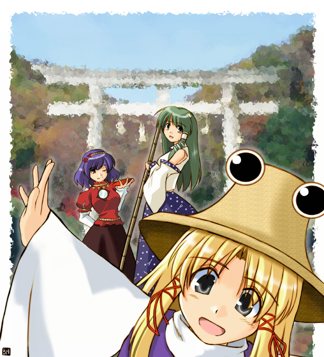 hana (hana mo arashi mo), kochiya sanae, moriya suwako, yasaka kanako, touhou, 3girls, female focus, green hair, hat, multiple girls, outdoors, purple hair, skirt, sky