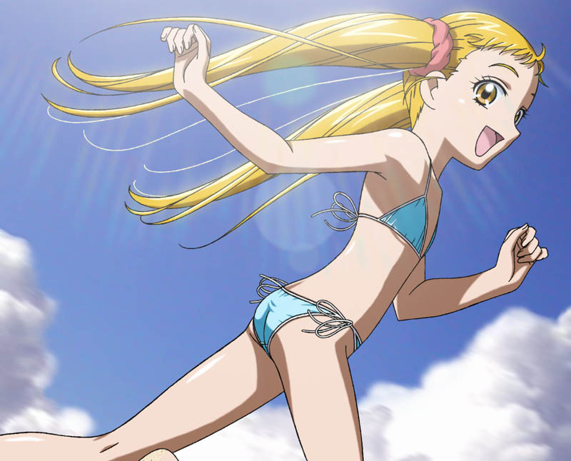 natsuhina, kasugano urara (yes! precure 5), precure, yes! precure 5, 00s, 1girl, bikini, blonde hair, cloud, day, eyelashes, female focus, flat chest, long hair, scrunchie, side-tie bikini bottom, sky, smile, solo, swimsuit, twintails, yellow eyes