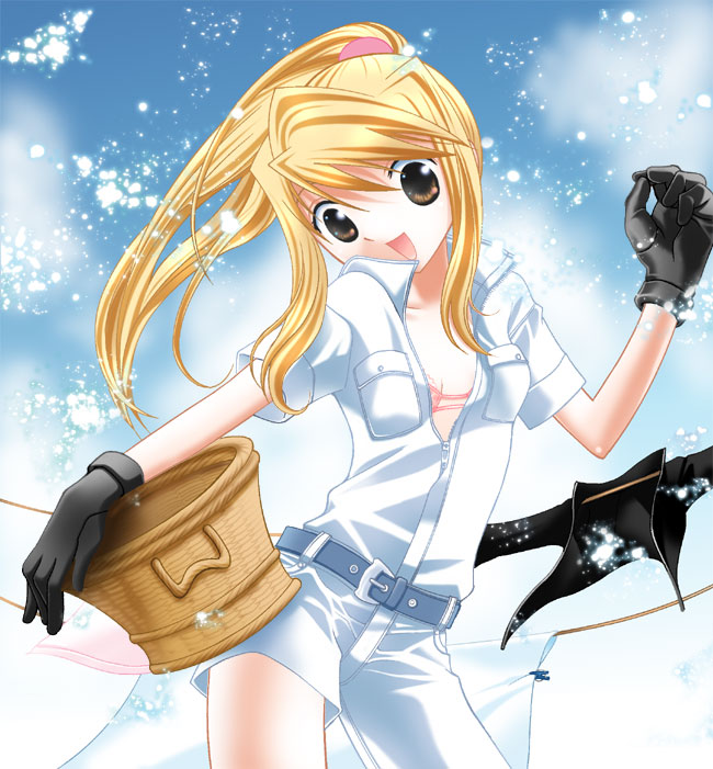 winry rockbell, fullmetal alchemist, 00s, blonde hair, bra, brown eyes, clothesline, gloves, lingerie, open clothes, open mouth, open shirt, ponytail, shirt, solo, tomboy, underwear