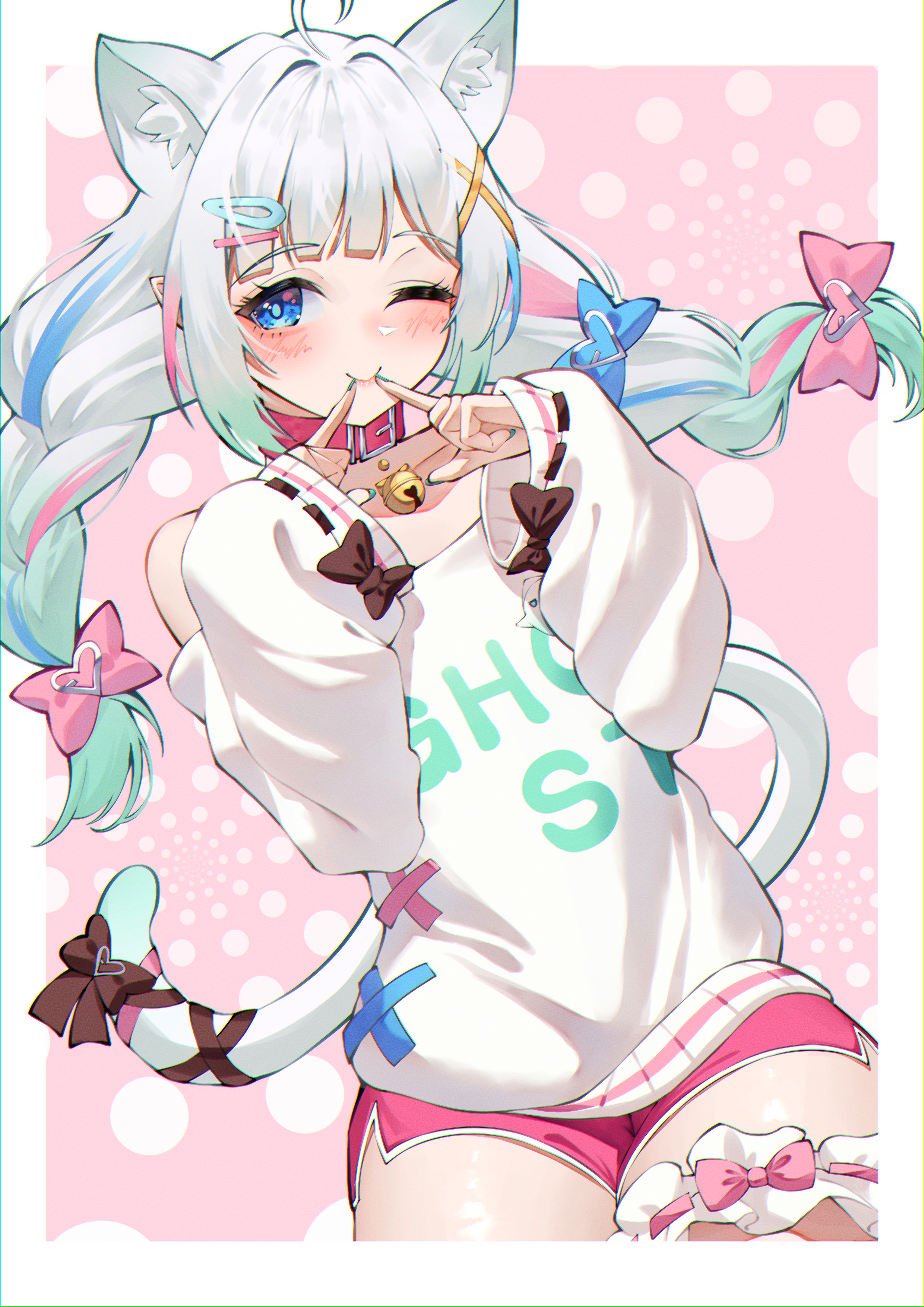 himeliofon, mint fantome, indie virtual youtuber, absurdres, highres, 1girl, ahoge, animal collar, animal ear fluff, animal ears, bell, black bow, blue eyes, blue hair, blush, border, bow, braid, cat ears, closed mouth, clothes writing, collar, green hair, green nails, hair bow, hair ornament, hairclip, long hair, multicolored hair, one eye closed, pink background, pink bow, pink collar, pink hair, pink shorts, pointy ears, polka dot, polka dot background, ribbon, short shorts, shorts, smile, solo, streaked hair, sweater, tail, tail bow, tail ornament, tail ribbon, twin braids, virtual youtuber, white border, white hair, white sweater