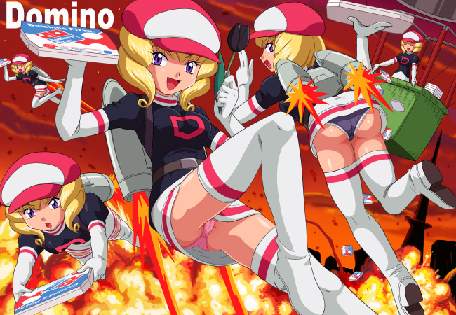 pokemoa, domino (pokemon), domino's pizza, nintendo, pokemon, pokemon (anime), 1girl, aircraft, ass, black theme, blonde hair, boots, breasts, clone, clothes writing, delivery, drill hair, explosion, flower, food, hat, hot air balloon, jetpack, multiple views, name connection, newsboy cap, panties, pantyshot, parody, pink panties, pizza, product placement, pun, purple eyes, team rocket, thigh boots, thighhighs, underwear, upskirt