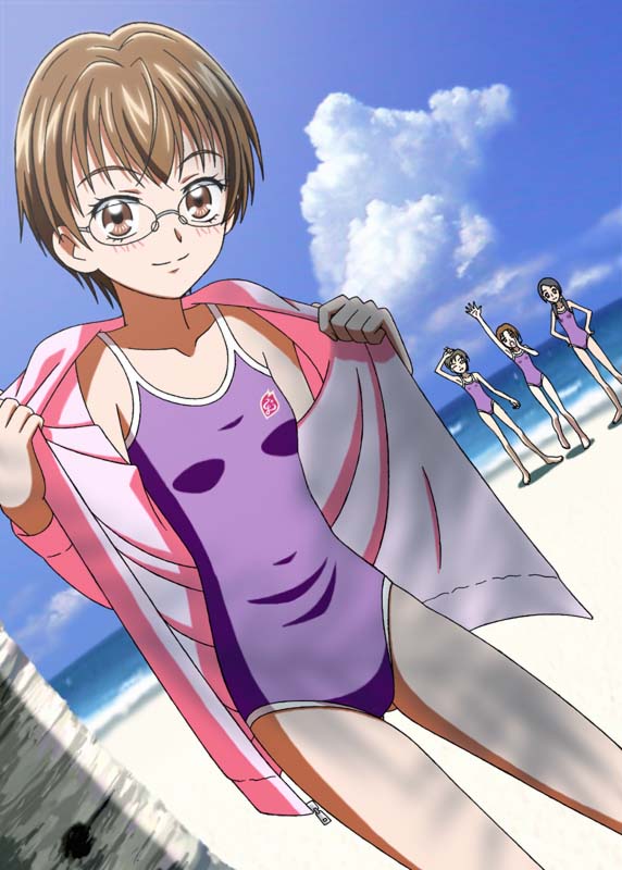 natsuhina, masuko mika, precure, yes! precure 5, 00s, 1girl, beach, brown eyes, brown hair, cloud, day, dutch angle, eyelashes, female focus, glasses, jacket, no pants, ocean, one-piece swimsuit, open clothes, open jacket, open shirt, outdoors, purple one-piece swimsuit, sand, school swimsuit, shirt, short hair, sky, solo, swimsuit, swimsuit under clothes