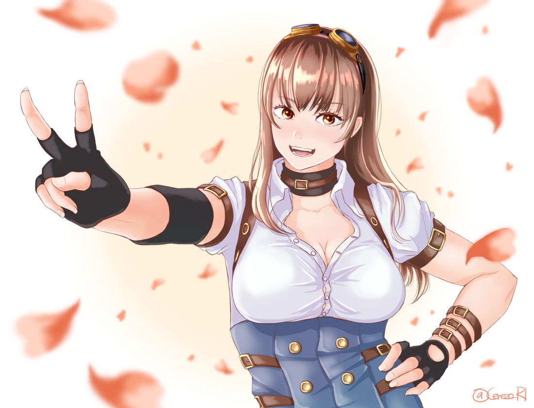 haruki (cerezo r1), hitomi (doa), dead or alive, dead or alive 5, belt, black choker, black gloves, blue overalls, blush, breasts, brown eyes, brown hair, choker, cleavage, falling petals, fingerless gloves, gloves, goggles, goggles on head, hairband, hand on own hip, large breasts, long hair, looking at viewer, multiple belts, official alternate costume, open mouth, overalls, petals, pink hairband, shirt, sidelocks, smile, suspenders, v, white shirt