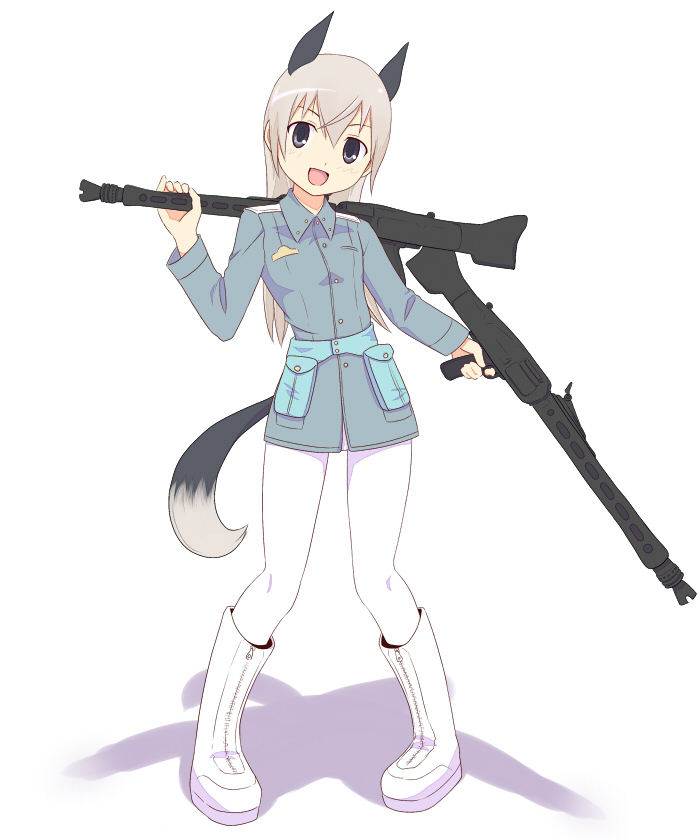 ashuku, eila ilmatar juutilainen, strike witches, world witches series, 00s, 1girl, :d, animal ears, blue eyes, boots, dual wielding, female focus, gun, head tilt, holding, machine gun, mg42, military, military uniform, open mouth, pantyhose, pigeon-toed, rifle, smile, solo, tail, weapon, white pantyhose