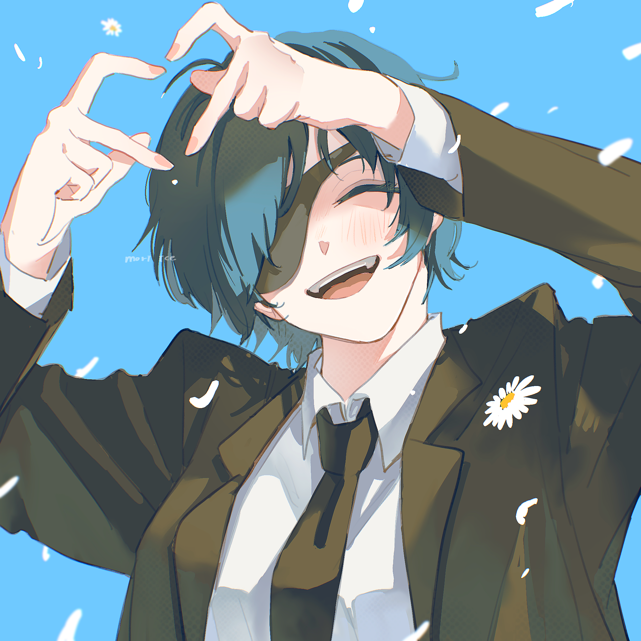 ice morinaka, himeno (chainsaw man), chainsaw man, commentary, highres, 1girl, ^ ^, arms up, artist name, black jacket, black necktie, blue background, blush, closed eyes, daisy (flower), dress shirt, eyepatch, facing viewer, falling flower, falling petals, fingernails, flower, four-finger heart hands, green hair, heart, heart hands, jacket, long sleeves, necktie, petals, shirt, short hair, smile, solo, upper body, white shirt
