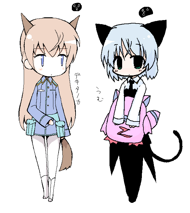 eila ilmatar juutilainen, normad, sanya v. litvyak, galaxy angel, strike witches, world witches series, 00s, 2girls, animal ears, black pantyhose, crossover, multiple girls, oekaki, pantyhose, simple background, tail, white background, white pantyhose