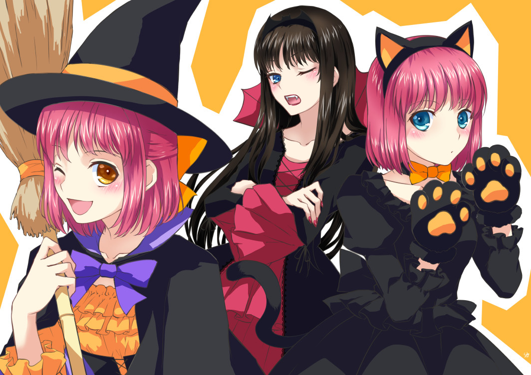 lo lis, hisui (tsukihime), kohaku (tsukihime), tohno akiha, tsukihime, 3girls, alternate costume, animal ears, animal hands, black dress, black hair, black shirt, blush, broom, dress, fake animal ears, gloves, green eyes, hair ornament, halloween, halloween costume, multiple girls, one eye closed, orange background, paw gloves, red hair, red shirt, shirt, siblings, sisters, twins, vampire costume, witch, yellow eyes