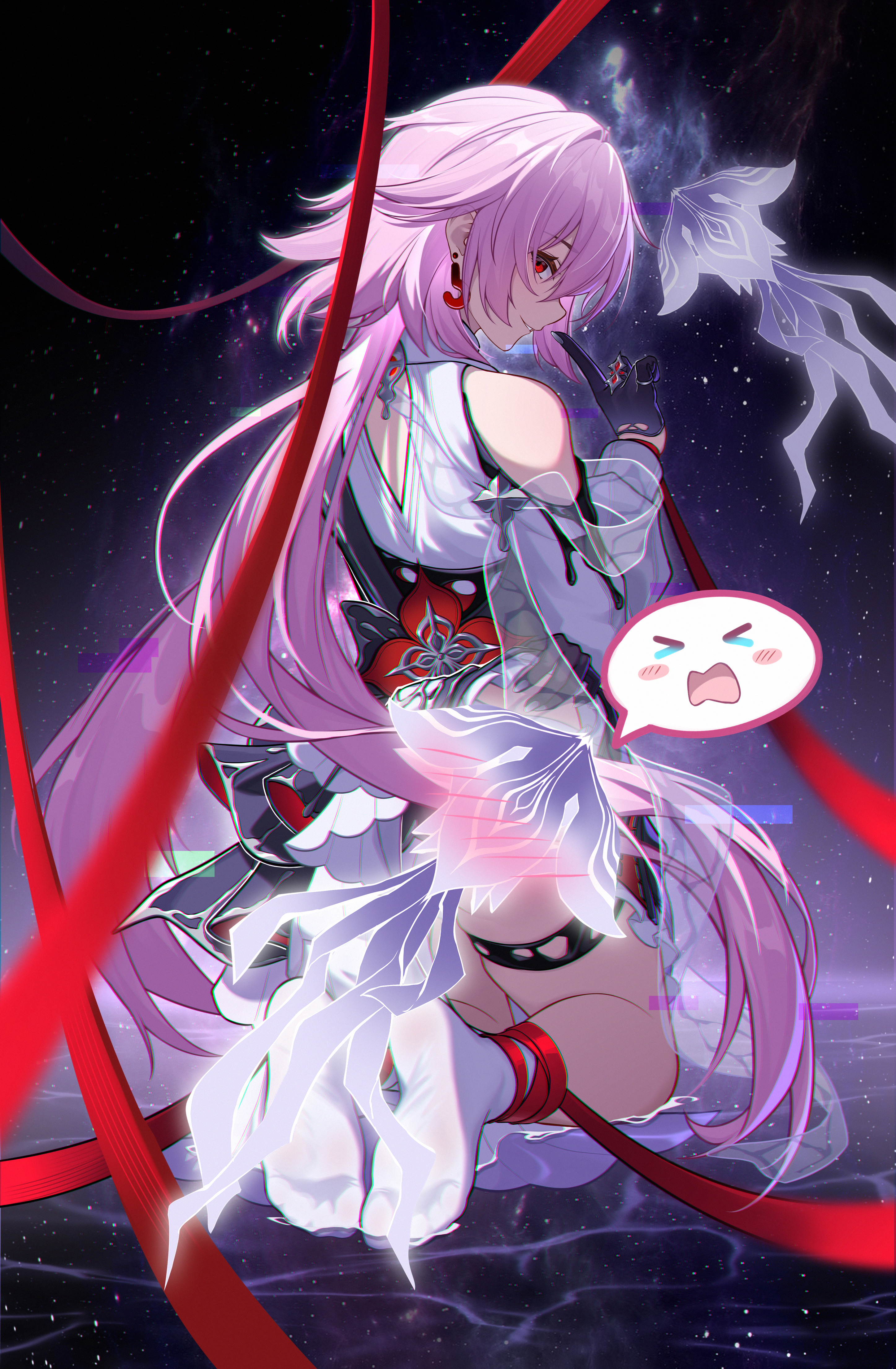 binghaiankang, evernight (honkai: star rail), march 7th (honkai: star rail), honkai: star rail, honkai (series), absurdres, chinese commentary, commentary request, highres, 1girl, ass, bare shoulders, black dress, clothes lift, dress, dress lift, earrings, evey (honkai: star rail), finger to mouth, from behind, index finger raised, jellyfish, jewelry, kneeling, kneeling on liquid, long hair, looking at viewer, no shoes, parted lips, pink hair, profile, red eyes, shushing, sideways glance, smile, socks, soles, solo, spoken expression, thighlet, thighs, toes, very long hair, white socks