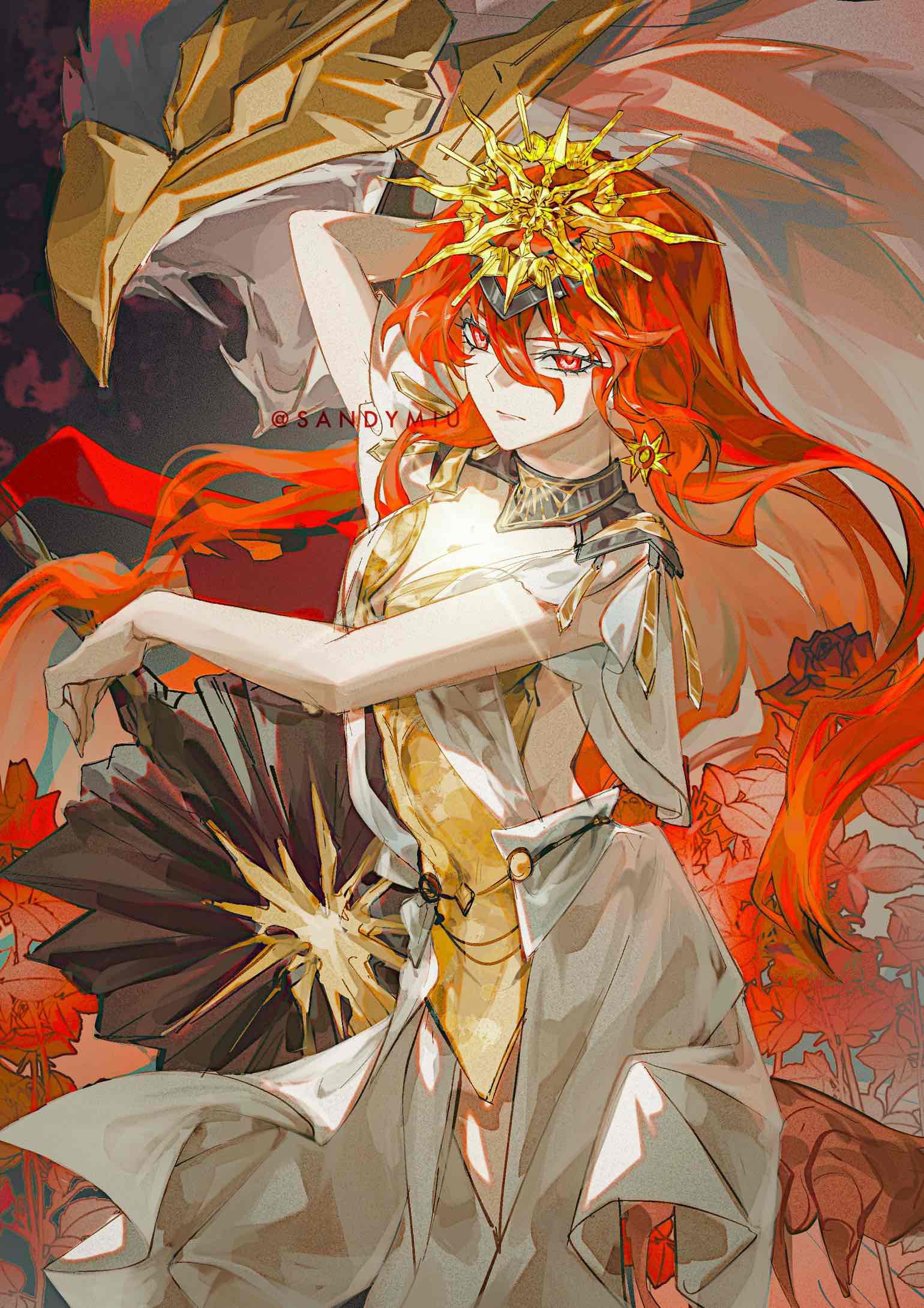 sandymiu, augusta (wuthering waves), wuthering waves, commentary, highres, symbol-only commentary, 1girl, ancient greek clothes, armor, black collar, breastplate, closed mouth, collar, dress, greatsword, greco-roman clothes, hair between eyes, headgear, long hair, looking at viewer, orange eyes, orange hair, solo, sword, tacet discord (wuthering waves), weapon, white dress