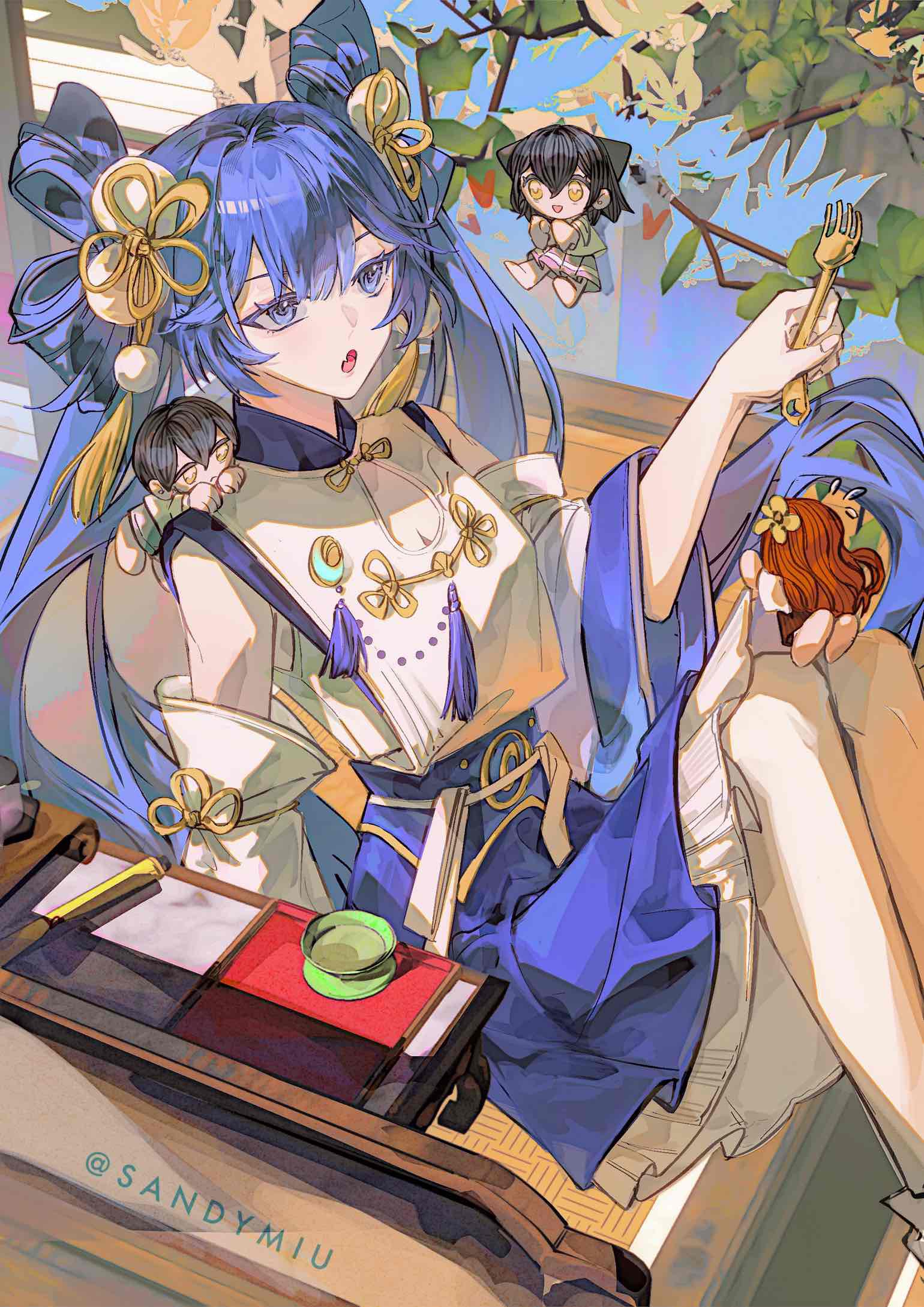 sandymiu, augusta (wuthering waves), female rover (wuthering waves), iuno (wuthering waves), male rover (wuthering waves), rover (wuthering waves), wuthering waves, commentary, highres, symbol-only commentary, 1boy, 3girls, bare shoulders, blue eyes, blue hair, blue skirt, breasts, chinese clothes, cleavage cutout, clothing cutout, detached sleeves, flying sweatdrops, fork, hair ornament, hand up, heart, holding, holding fork, knees up, long hair, medium breasts, mini person, multiple girls, official alternate costume, shirt, sitting, skirt, solo focus, twintails, twitter username, white shirt, wide sleeves