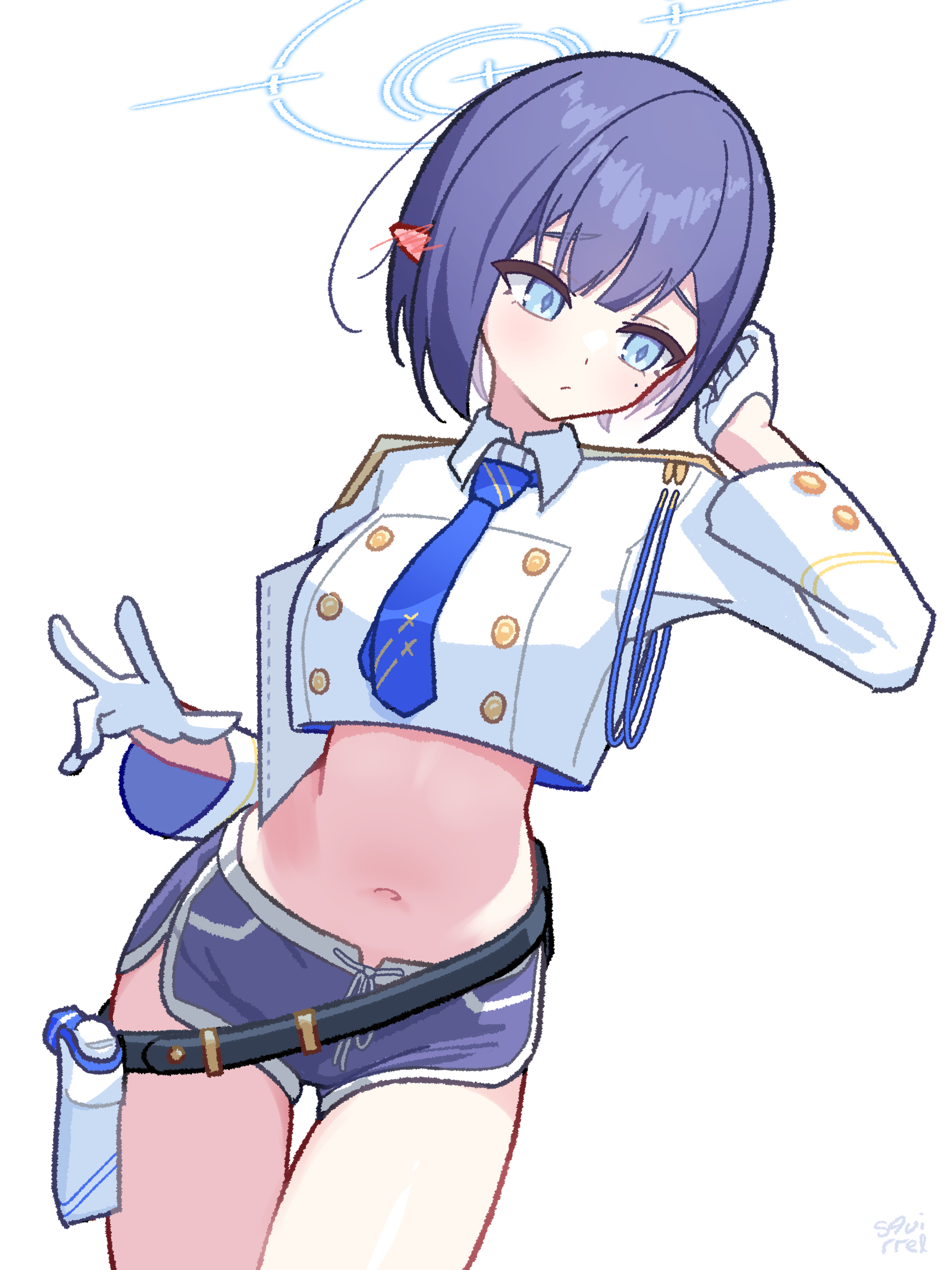 s9uirrel, aoi (blue archive), blue archive, absurdres, highres, 1girl, adapted costume, alternate costume, bare legs, belly, belt, belt pouch, blue eyes, blue hair, blush, breasts, buttons, chair, closed mouth, collared shirt, crop top, crop top overhang, double-breasted, earrings, feet out of frame, frown, gloves, halo, hand in own hair, hand up, jewelry, long sleeves, looking at viewer, loose belt, microskirt, midriff, mole, mole under eye, navel, necktie, paper, pointy ears, pouch, shirt, short hair, sidelocks, simple background, sitting, skirt, sleeves past wrists, solo, stomach, thick eyebrows, thigh gap, thighs, w, white background, white gloves, white shirt, white skirt