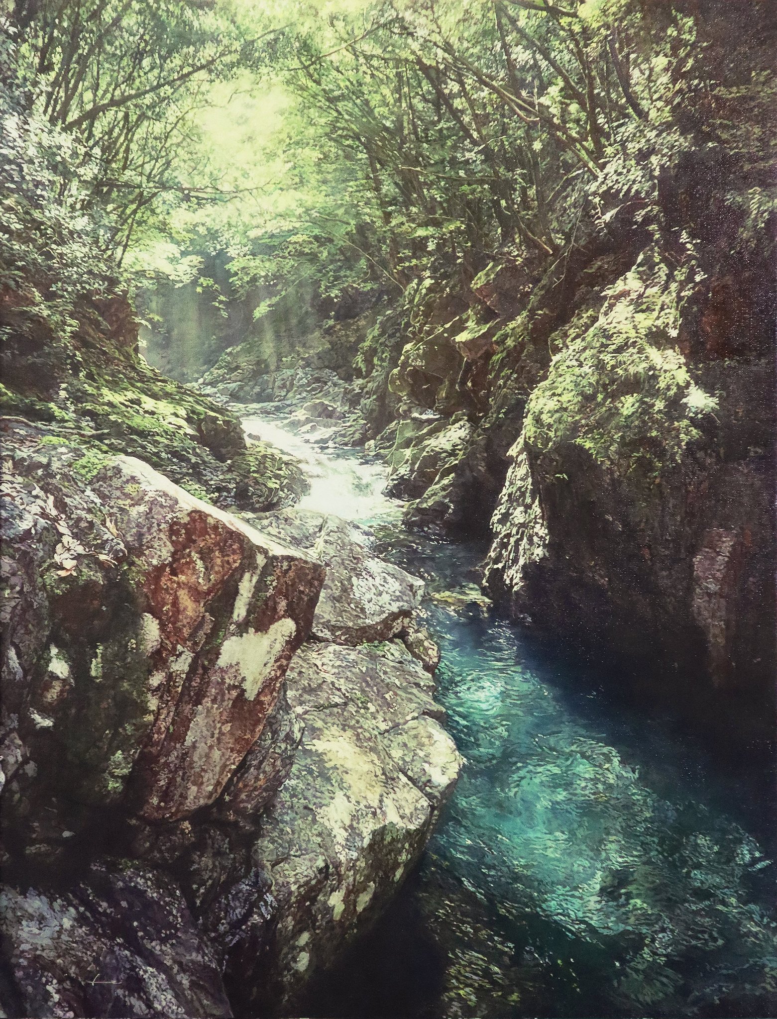 naohiro ito, original, commentary request, highres, oil painting (medium), painting (medium), traditional media, boulder, day, forest, nature, no humans, outdoors, scenery, stream, tree, water