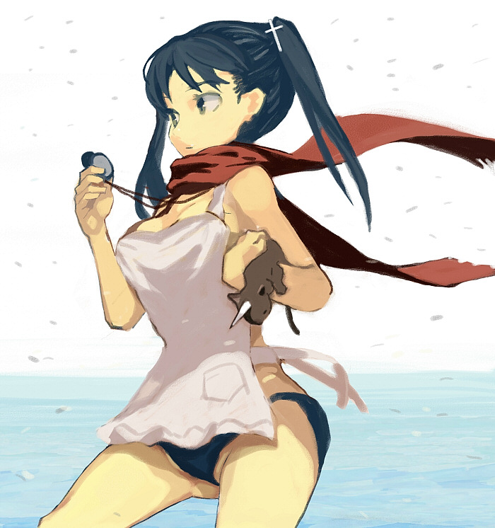 forgotten artist, bad id, bad pixiv id, apron, bikini, bikini bottom only, cat, naked apron, nearly naked apron, petals, scarf, solo, stopwatch, swimsuit, twintails, watch