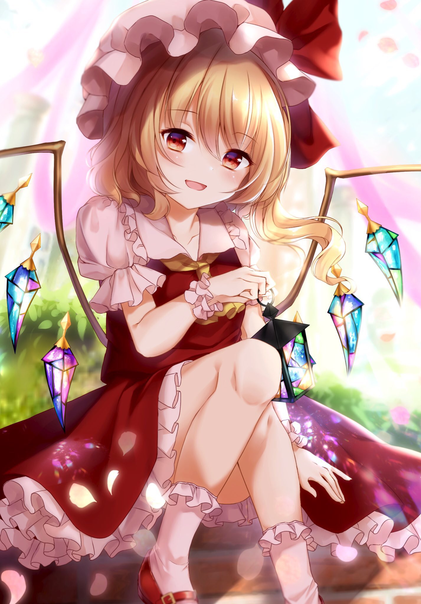 mumu-crown, flandre scarlet, touhou, commentary request, highres, 1girl, :d, ascot, bloomers, bow, collared shirt, crystal, falling petals, frilled skirt, frills, hat, hat bow, holding, holding lantern, lantern, long hair, looking at viewer, mob cap, open mouth, petals, puffy short sleeves, puffy sleeves, red bow, red eyes, red shoes, red skirt, red vest, shirt, shoes, short sleeves, skirt, smile, socks, solo, underwear, vest, white bloomers, white hat, white shirt, white socks, wings, wrist cuffs, yellow ascot