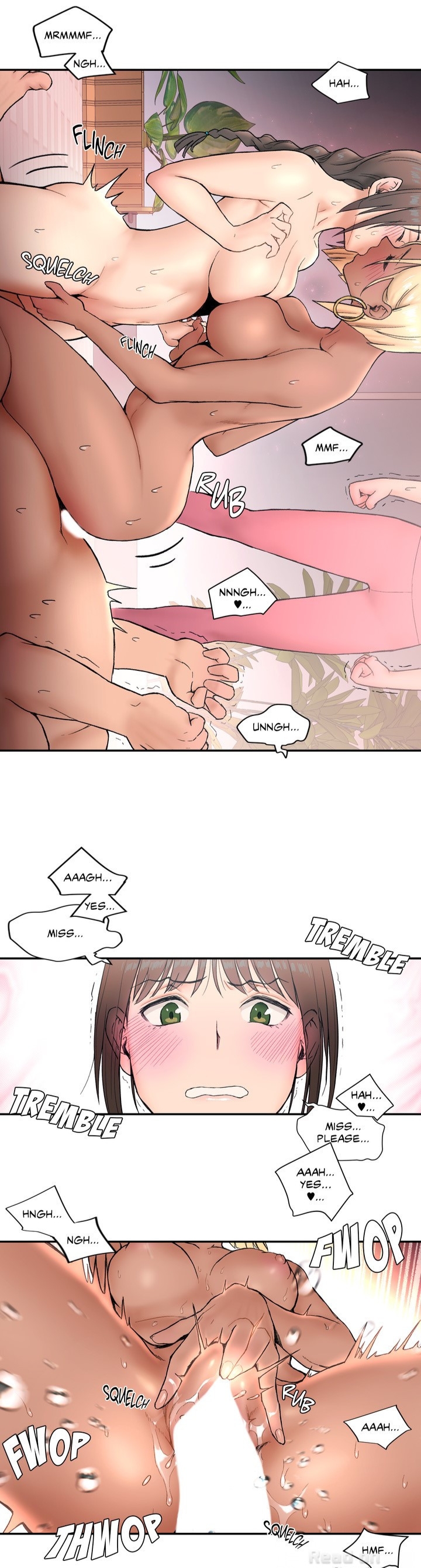 pornhwa, webtoon, artist request, character request, colorized, cropped, highres, long image, official art, rotated, translated, 1boy, 3girls, bare shoulders, blush, braid, braided ponytail, breasts, brown hair, censored, closed eyes, clothed female nude male, collarbone, cowgirl position, dark-skinned female, dark skin, english text, fat, fat man, fingering, french kiss, green eyes, group sex, kiss, kissing cheek, large breasts, long hair, lying, multiple girls, nipples, nude, on side, open mouth, pants, pelvic curtain, penis, pink pants, ponytail, pussy, pussy juice, pussy juice on fingers, pussy juice trail, sex, sitting, sitting on person, speech bubble, straddling, tan, threesome, track pants, yuri