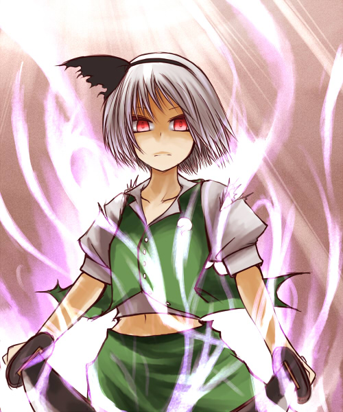 hane (hanegoya), konpaku youmu, touhou, 1girl, aura, female focus, glowing, glowing eyes, gradient background, katana, navel, red eyes, skirt, solo, sword, weapon, white hair