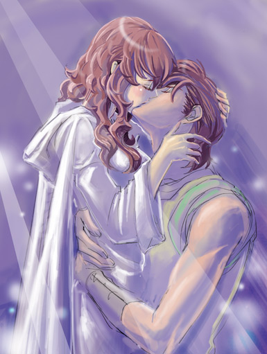 aozora kyuuji, julian (fire emblem), lena (fire emblem), fire emblem, fire emblem: mystery of the emblem, fire emblem: shadow dragon, nintendo, 1boy, 1girl, blush, brown hair, character name, closed eyes, couple, hand on another's head, hetero, hug, kiss, light particles, light rays, long hair, red hair, robe, shirt, t-shirt, wristband
