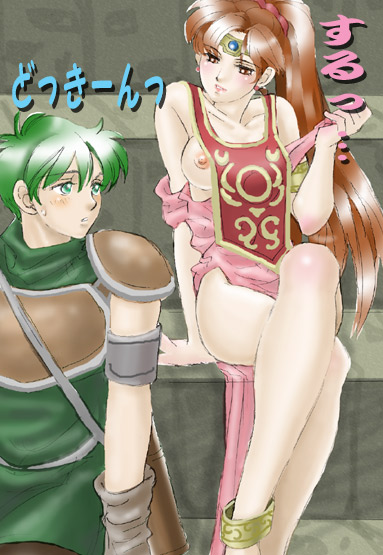 aozora kyuuji, gordin (fire emblem), linde (fire emblem), fire emblem, fire emblem: mystery of the emblem, fire emblem: shadow dragon, nintendo, 1boy, 1girl, blush, breasts, brown eyes, brown hair, circlet, dress, earrings, jewelry, long hair, medium breasts, nipples, ponytail, thighs, undressing