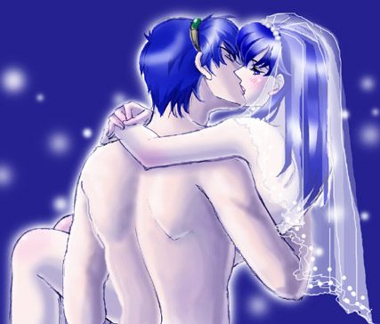 aozora kyuuji, caeda (fire emblem), marth (fire emblem), fire emblem, fire emblem: mystery of the emblem, fire emblem: shadow dragon, nintendo, lowres, 1boy, 1girl, blue eyes, blue hair, blush, bridal veil, bride, carrying, closed eyes, completely nude, couple, hetero, hug, kiss, nude, princess carry, veil