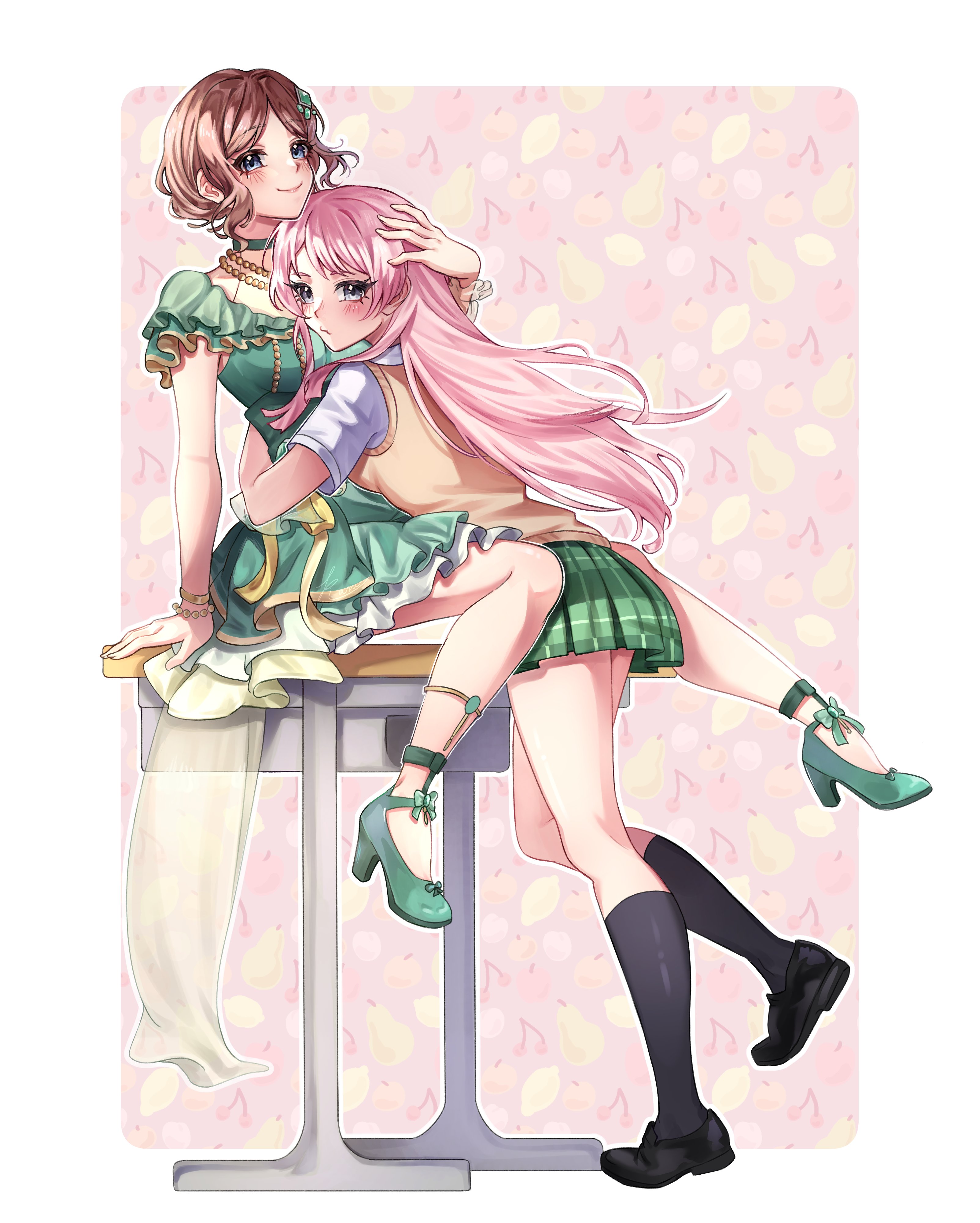 kasu umi, chihaya anon, nagasaki soyo, bang dream!, bang dream! it's mygo!!!!!, absurdres, commentary, commission, highres, vgen commission, 2girls, black shoes, black socks, blue eyes, blush, brown hair, brown sweater vest, choker, closed mouth, desk, dress, green choker, green dress, green shoes, green skirt, hand on another's head, haneoka school uniform, hug, kneehighs, long hair, multiple girls, outline, pink hair, plaid clothes, plaid skirt, pleated skirt, pout, school desk, school uniform, shirt, shoes, short hair, short sleeves, sitting, sitting on table, skirt, socks, sweater vest, white outline, white shirt, yuri
