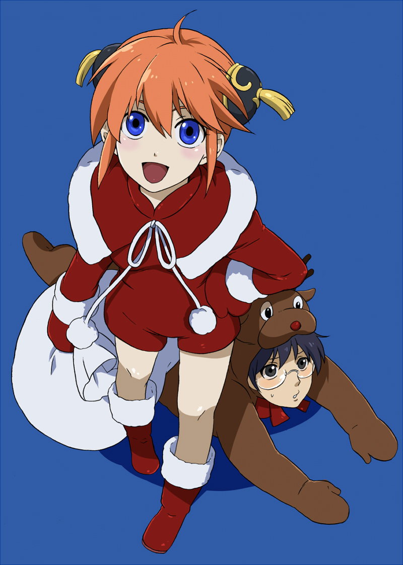 sorami, sorami haruhiko, kagura (gintama), shimura shinpachi, gintama, bad id, bad pixiv id, 00s, 1boy, 1girl, bun cover, christmas, double bun, glasses, hair bun, orange hair, reindeer, sack, santa costume, short hair, simple background, white background