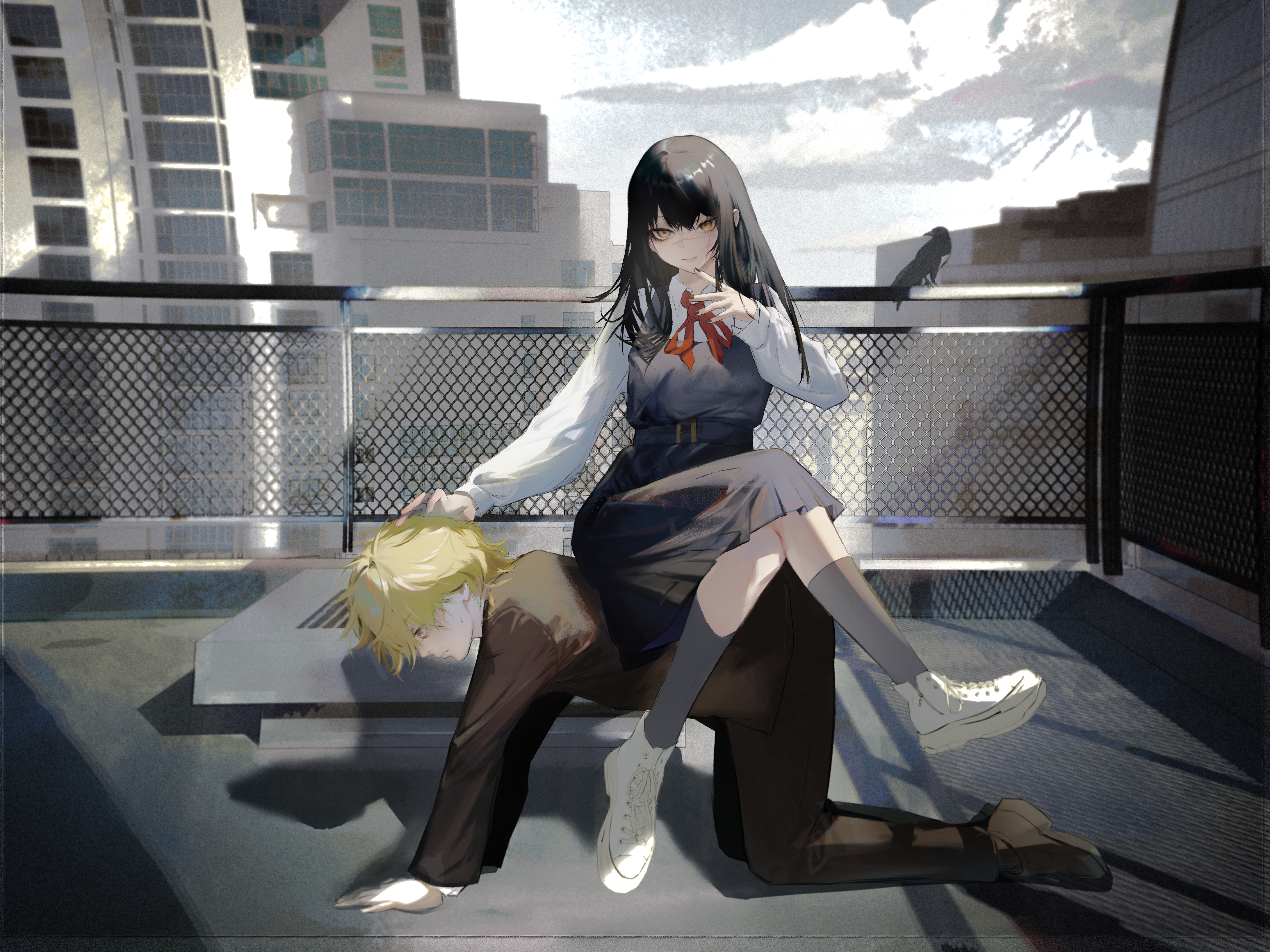 denji (chainsaw man), yoru (chainsaw man), chainsaw man, absurdres, commentary request, highres, 1boy, 1girl, all fours, bird, black dress, black hair, black jacket, black pants, black socks, building, cross scar, crossed legs, crow, dress, fingernails, full body, gakuran, human chair, human furniture, ivdimension, jacket, kneehighs, light smile, long hair, long sleeves, looking at viewer, nail polish, neck ribbon, pants, pinafore dress, railing, red ribbon, ribbon, rooftop, scar, scar on face, school uniform, shirt, shoes, sitting, sitting on person, sleeveless, sleeveless dress, sneakers, socks, straight hair, white shirt, white shoes