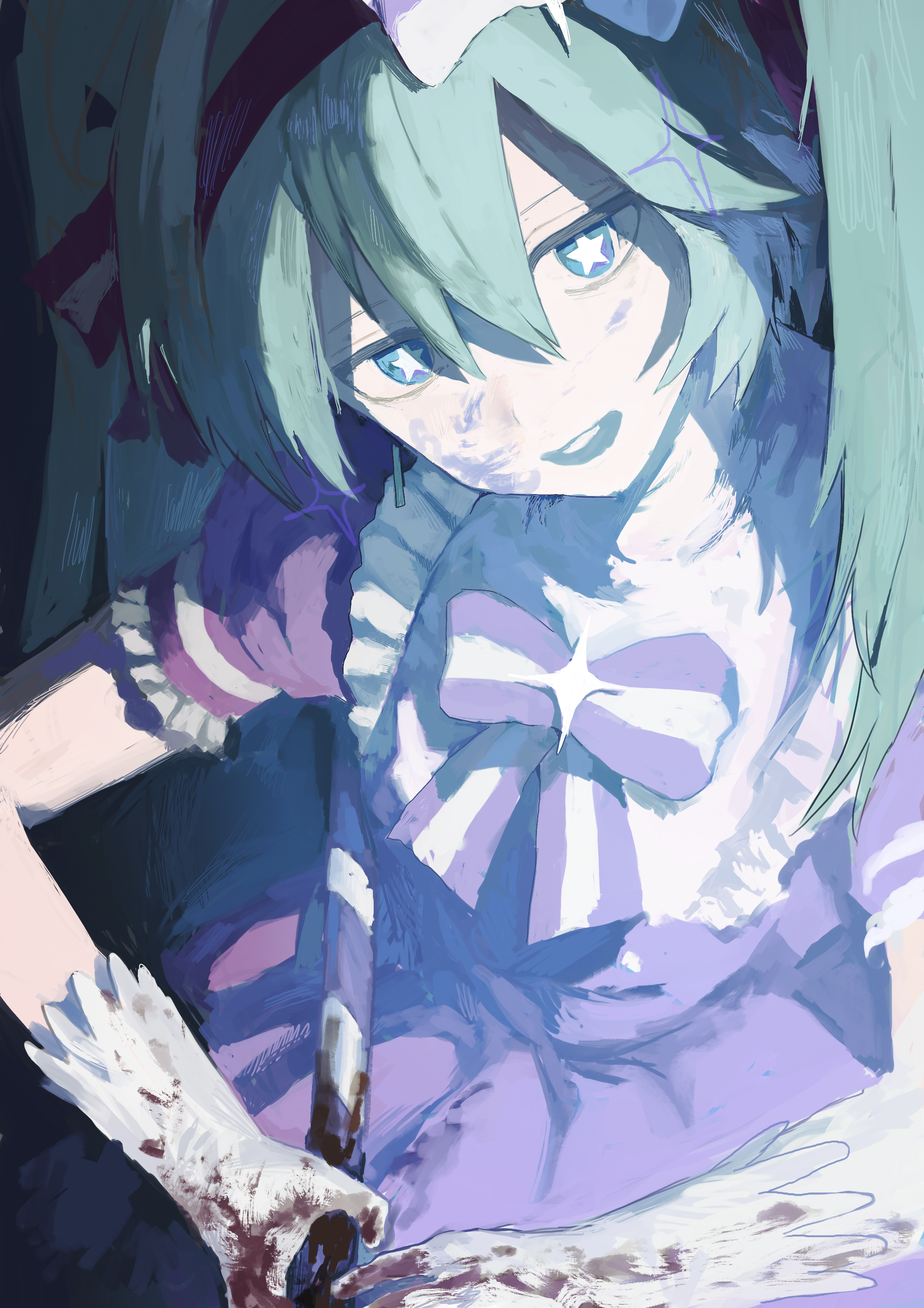 zirrrrrr2, hatsune miku, vocaloid, absurdres, highres, procreate (medium), 1girl, aqua hair, blood, blood on face, blood on gloves, bloody weapon, blue eyes, bow, bowtie, cowboy shot, dress, gloves, hairband, head tilt, holding, holding staff, ima sugu rinne (vocaloid), long hair, looking at viewer, open mouth, puffy short sleeves, puffy sleeves, purple bow, purple bowtie, purple dress, short sleeves, smile, solo, staff, star-shaped pupils, star (symbol), symbol-shaped pupils, twintails, upper body, weapon, white gloves