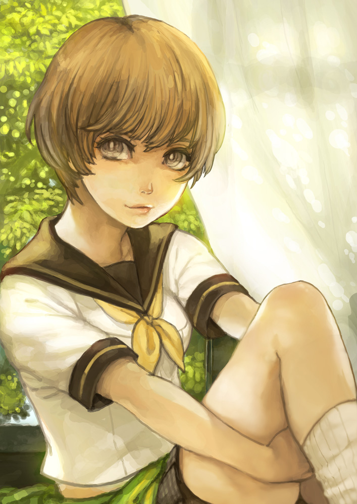 sarry23, satonaka chie, atlus, persona, persona 4, bad id, bad pixiv id, 1girl, brown eyes, brown hair, female focus, school uniform, serafuku, short hair, sitting, socks, solo