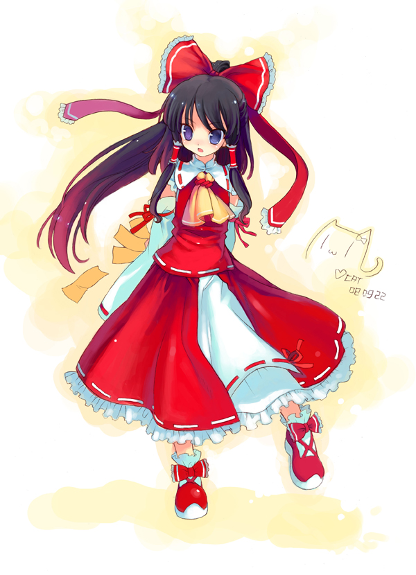cat.lqe, catlqe, hakoiri nekohime, hakurei reimu, touhou, bad id, bad pixiv id, 1girl, black hair, blue eyes, bow, brooch, detached sleeves, dress, female focus, gradient hair, hair bow, half updo, japanese clothes, jewelry, miko, multicolored hair, ribbon, solo, standing, twintails